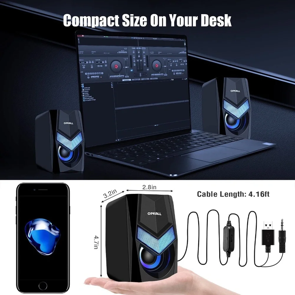 OPKALL Mini Colorful LED Light Computer Speaker, USB, 3.5mm Cable